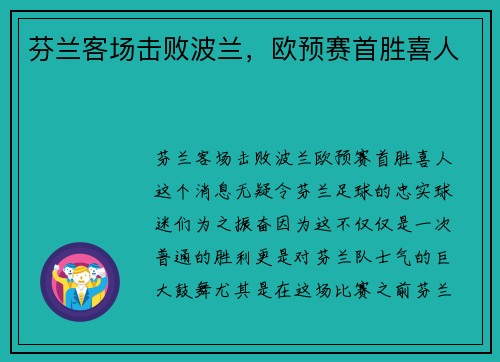 芬兰客场击败波兰，欧预赛首胜喜人