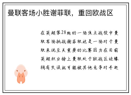 曼联客场小胜谢菲联，重回欧战区